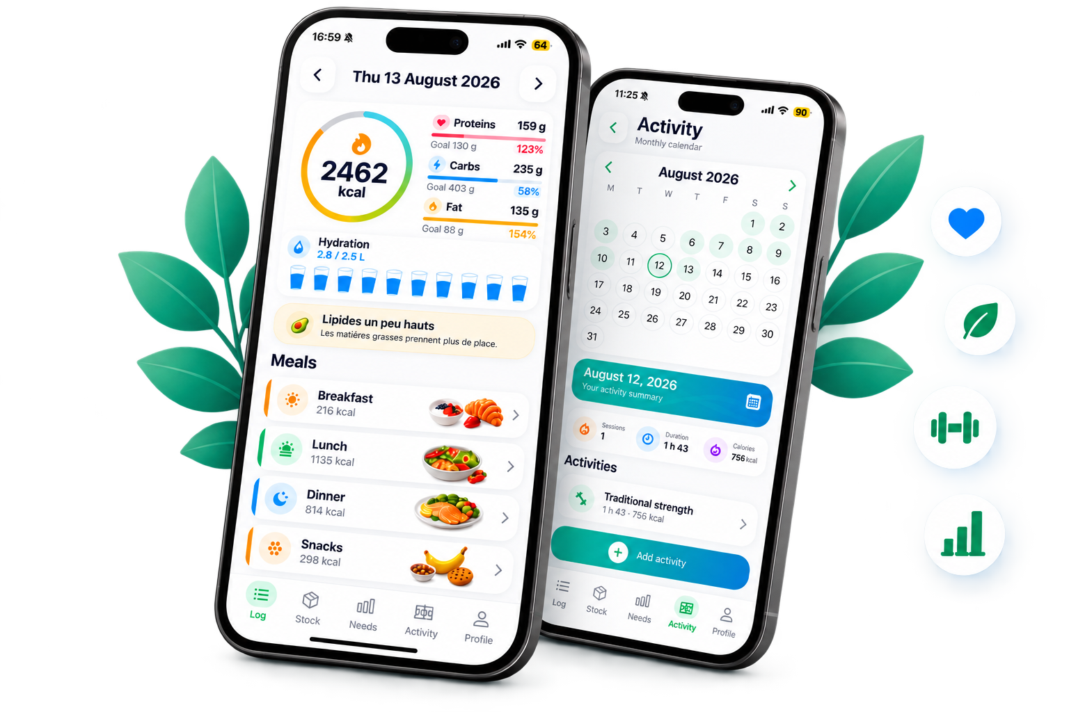 Deux écrans de l’application Ginvora avec des éléments de santé et d’activité