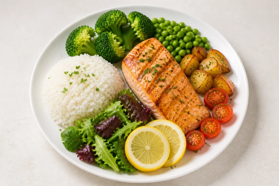 Assiette de saumon, riz et légumes photographiée dans Ginvora